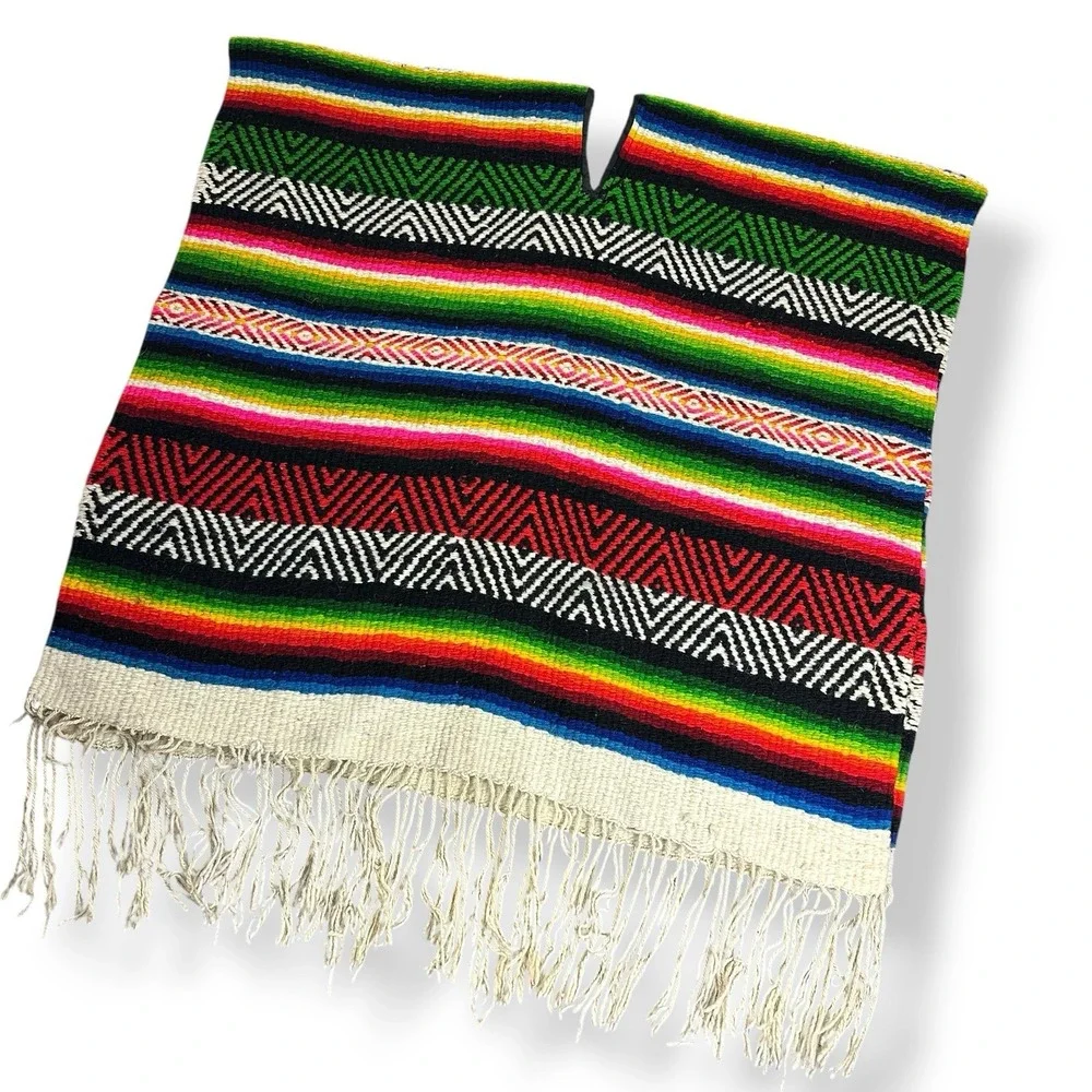 Vintage Mexican Serape Poncho Large Heavy‎ Textile Woven Wool 70x74 w/ Fringe